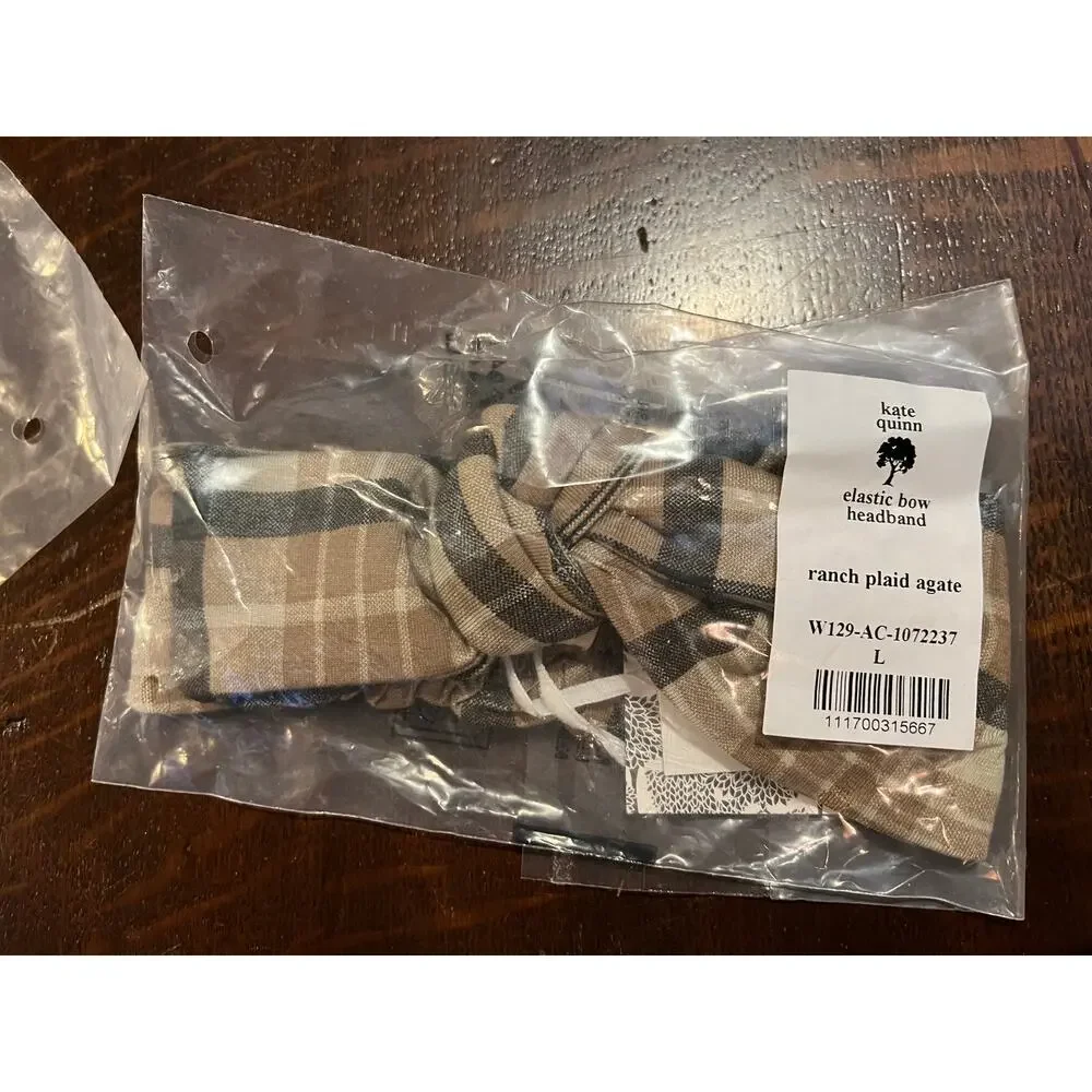 NWT Kate Quinn Elastic Bow Headband Ranch Plaid L Large Bamboo